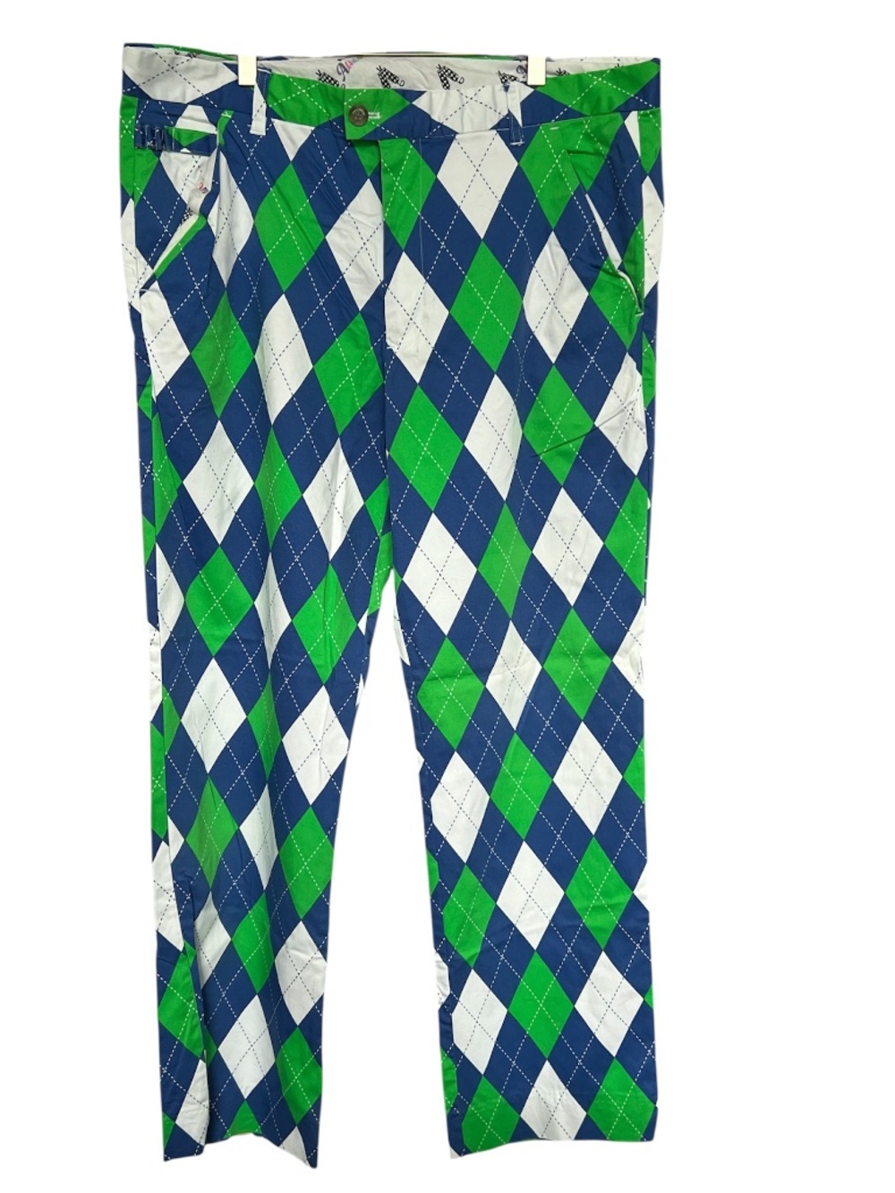 Royal & Awesome Pants Argyle Print Golf Blue Green White Size 38 / 34